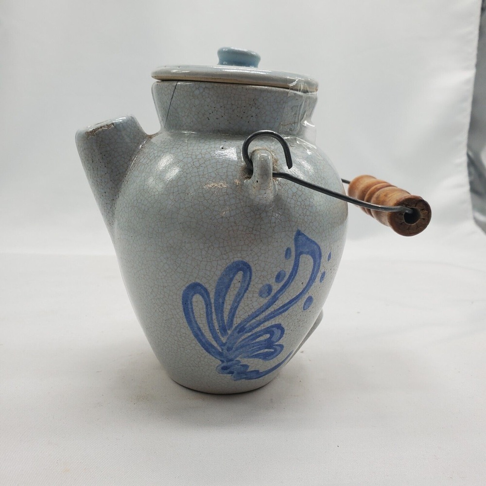 EARLY American Glazed Stoneware Jug Syrup Pitcher Hand Painted ‎ Crack Top....